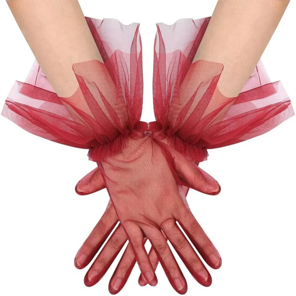 Women's Puffy Ruffle Burgundy Tulle Sheer Mesh Party Prom One Size Short Gloves